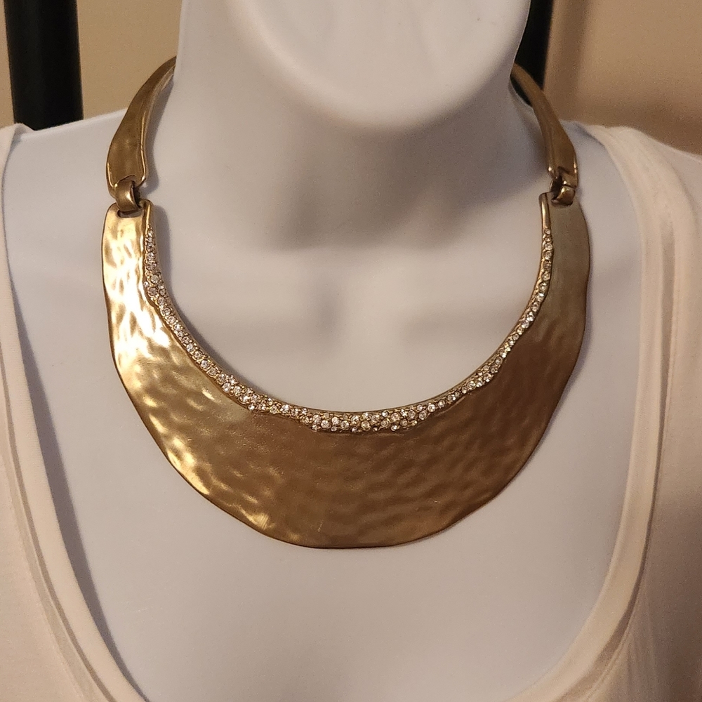 Robert Lee Morris Soho  necklace  and earrings,  hammered  gold with rhinestones